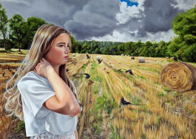 memory girl in hayfield crows rain clouds thoughts magical realism christina ridgeway art