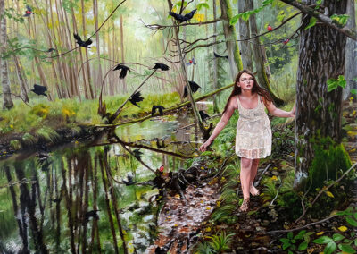 spirit guides painting oil art work figurative nature forest creek crows birds symblism christina ridgeway