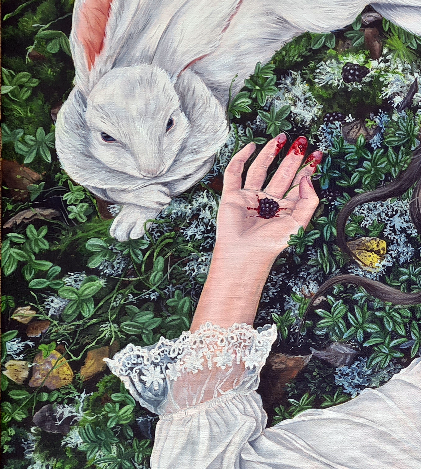 detail hand and rabbit wonderland oil painting