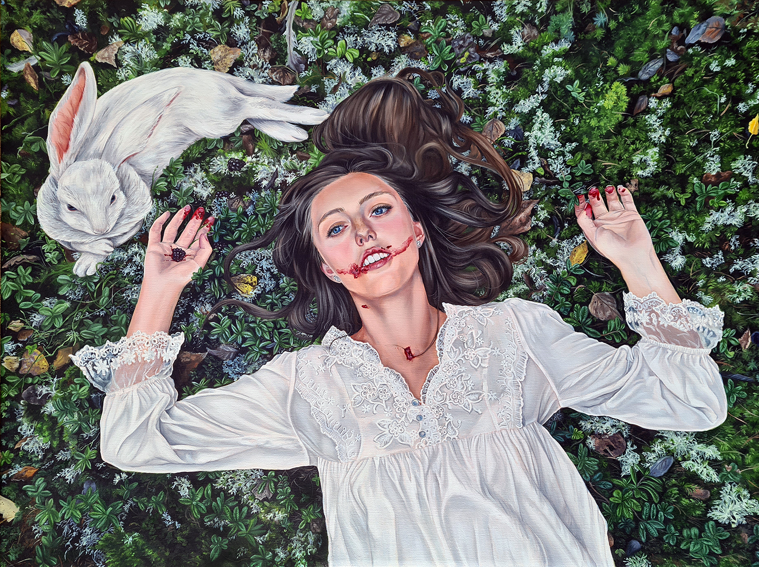 girl lying in moss with white rabbit oil painting christina ridgeway magical realism