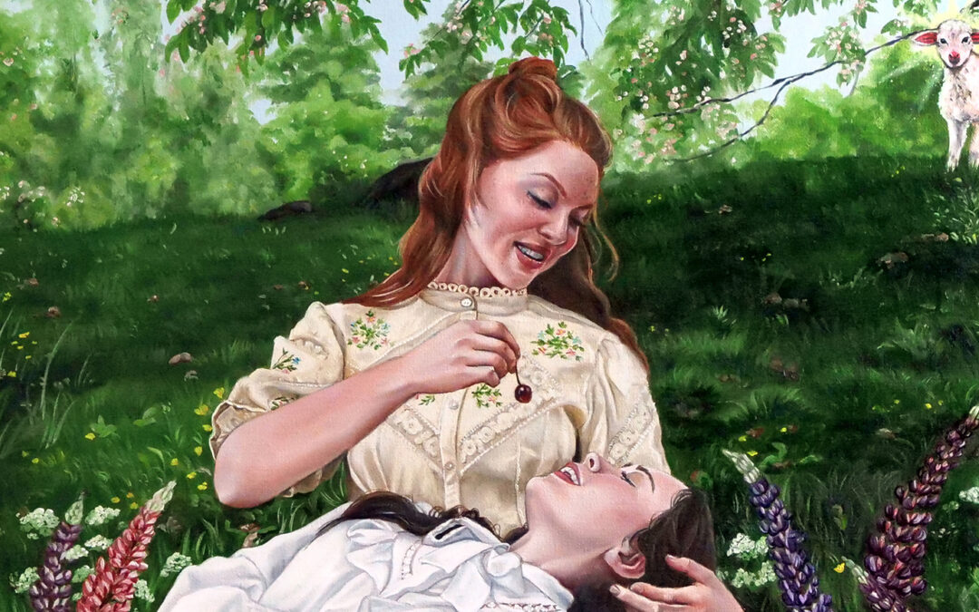 girls feeding cherries picnic oil painting daydream