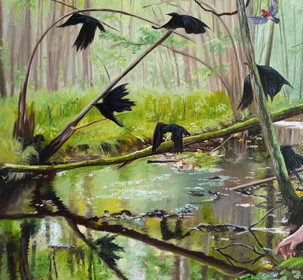 crows flying over creek reflection negative thought patterns magical realism christina ridgeway oil painting
