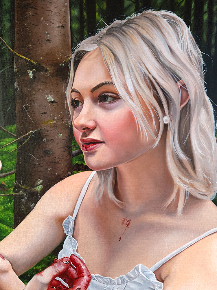 portrait girl holding blackberry pine forest magical realism oil painting christina ridgeway art