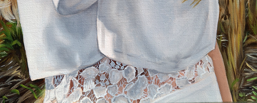 lace dress white hay field detail oil painting christina ridgeway art
