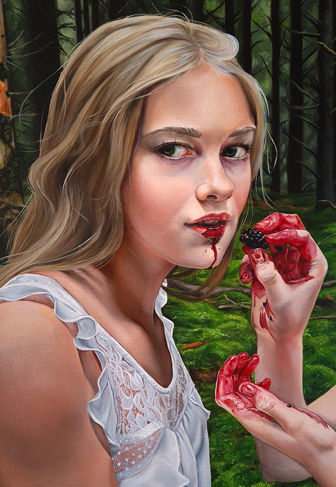portrait girl eating blackberries juice dripping mouth white lace magical realism christina ridgeway art