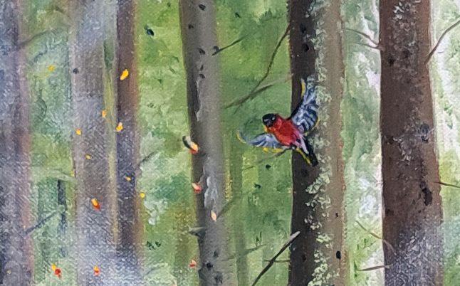 bull finch forest fire spirit guide from the ashes oil painting magical realism christina ridgeway art artist