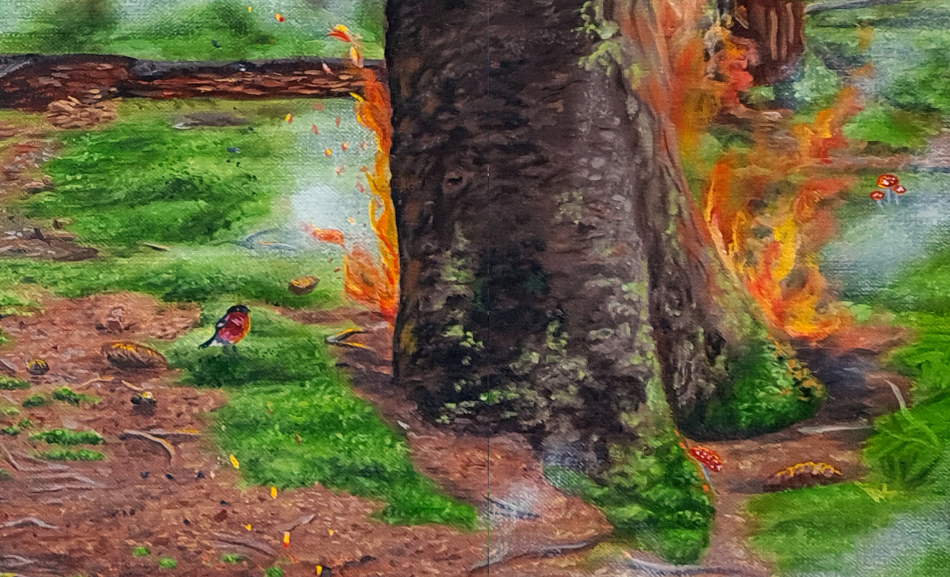 bull finch forest fire pine trees oil painting magical realism christina ridgeway art