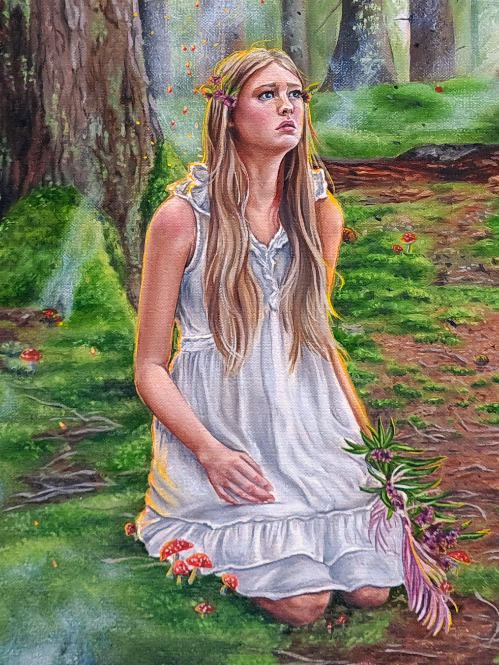 girl figurative art forest fire flower crown toadstools magical realism oil painting christina ridgeway art