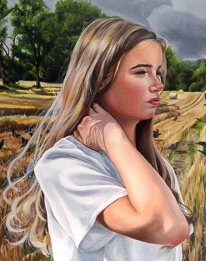 girl in hay field portrait sunny hair blowing crows painting magical realism christina ridgeway art