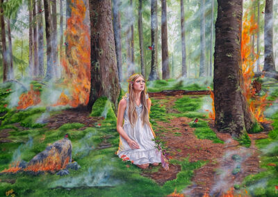 from the ashes forest fire painting magical realism bullfinches spirit guides christina ridgeway oil painting
