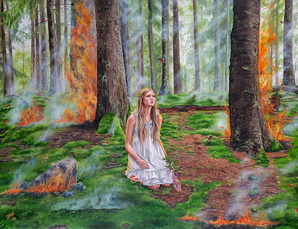 from the ashes forest fire painting magical realism bullfinches spirit guides christina ridgeway oil painting