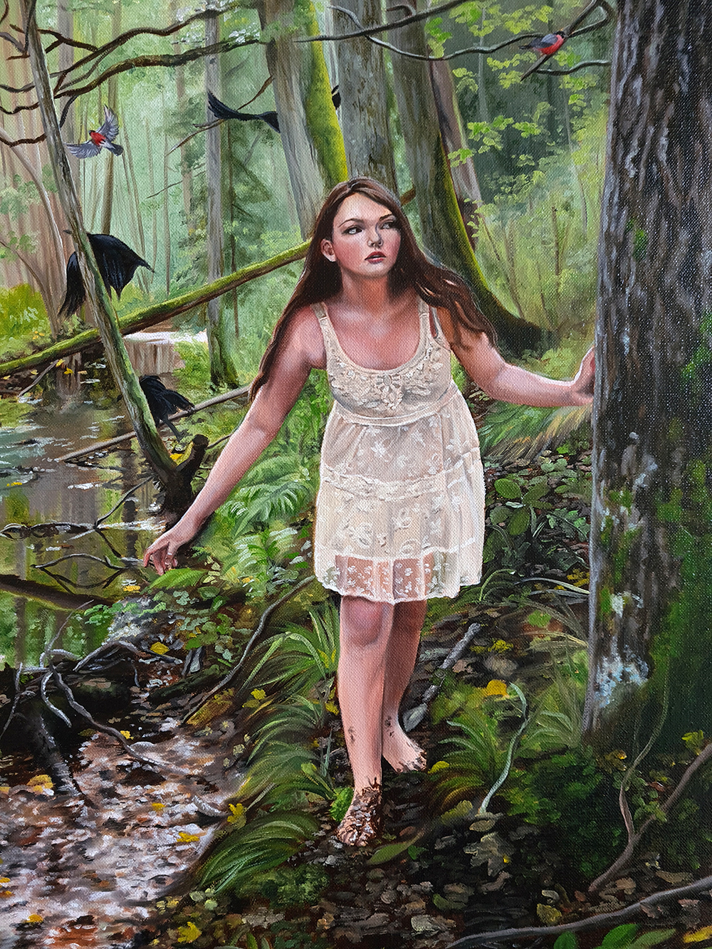 girl white lace dress magical realism forest walking spirit guides christina ridgeway art