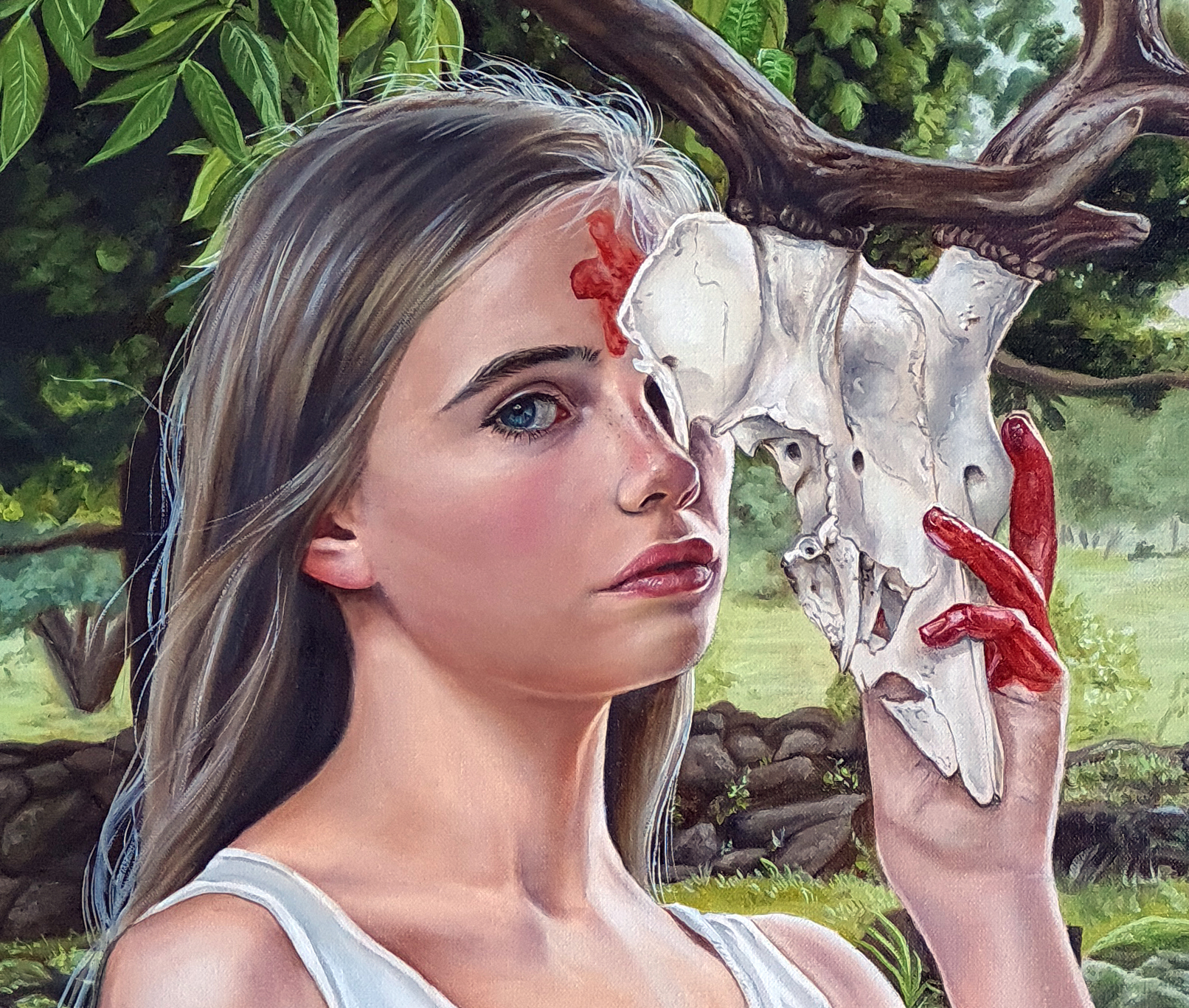 keepers of nothing detail portrait cross on forehead deer skull magical realism christina ridgeway art 