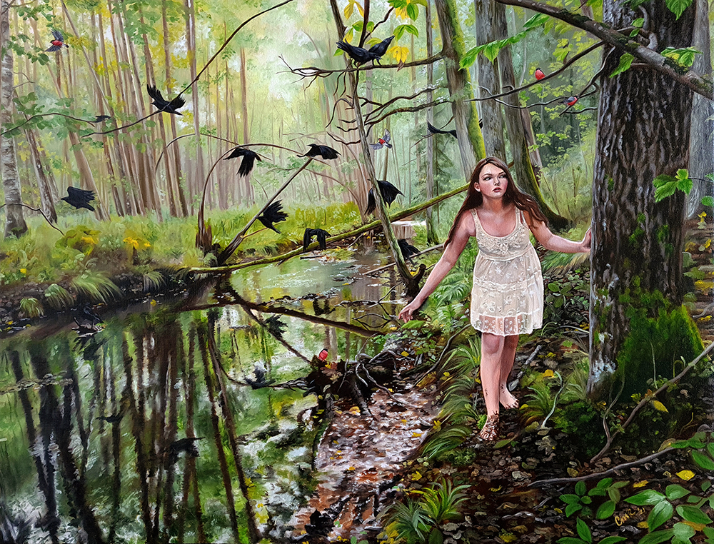 spirit guides painting oil art work figurative nature forest creek crows birds symblism christina ridgeway 