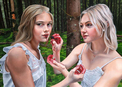 girls feeding each other blackerries in pine forest magical realism art christina ridgeway