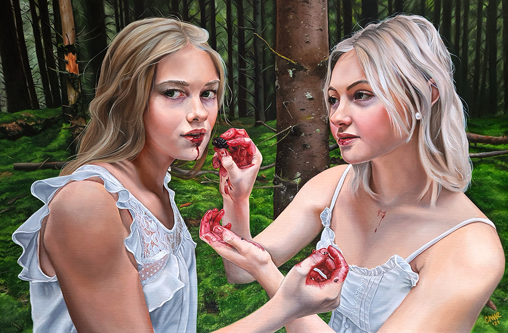 girls feeding each other blackerries in pine forest magical realism art christina ridgeway