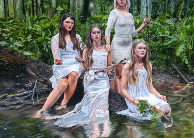 blood ash and bone painting artwork oil christina ridgeway magical realism girls in woods creek forest white dresses water