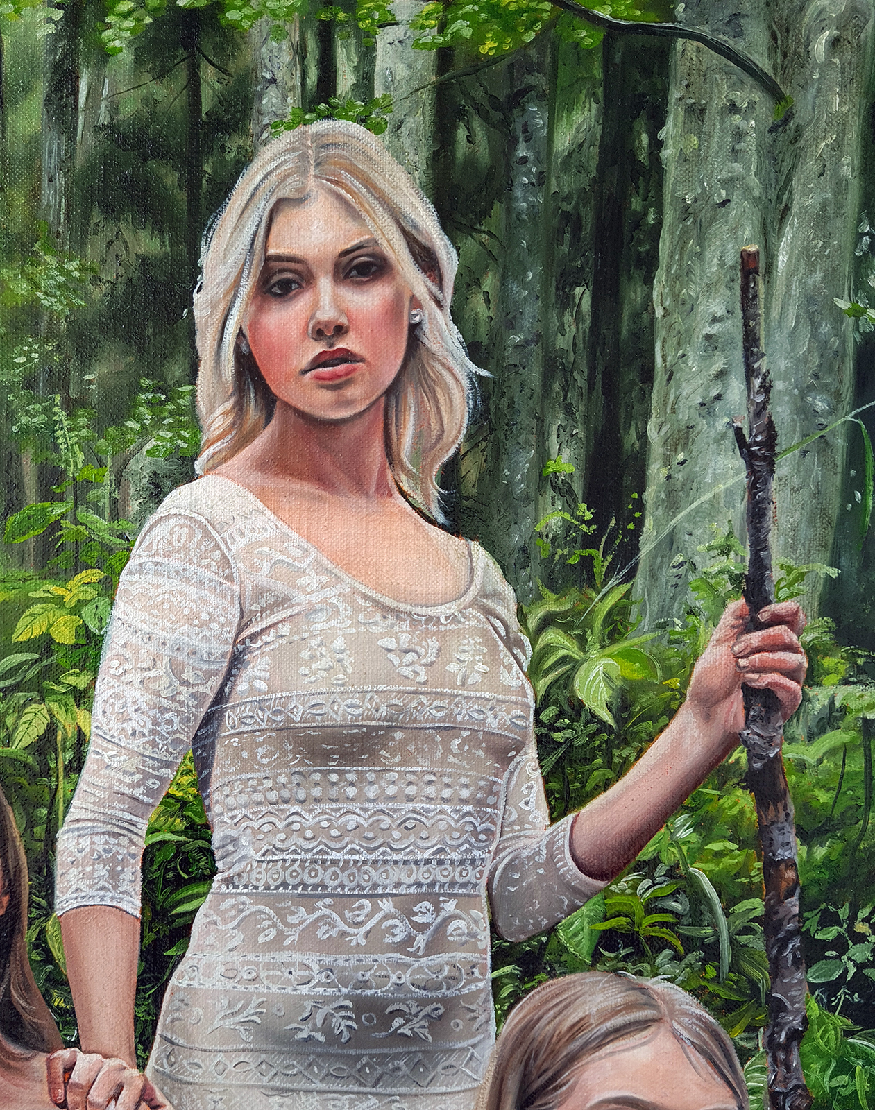 girl standing with stick in water forest woods white dress lace christina ridgeway magical realism art painting