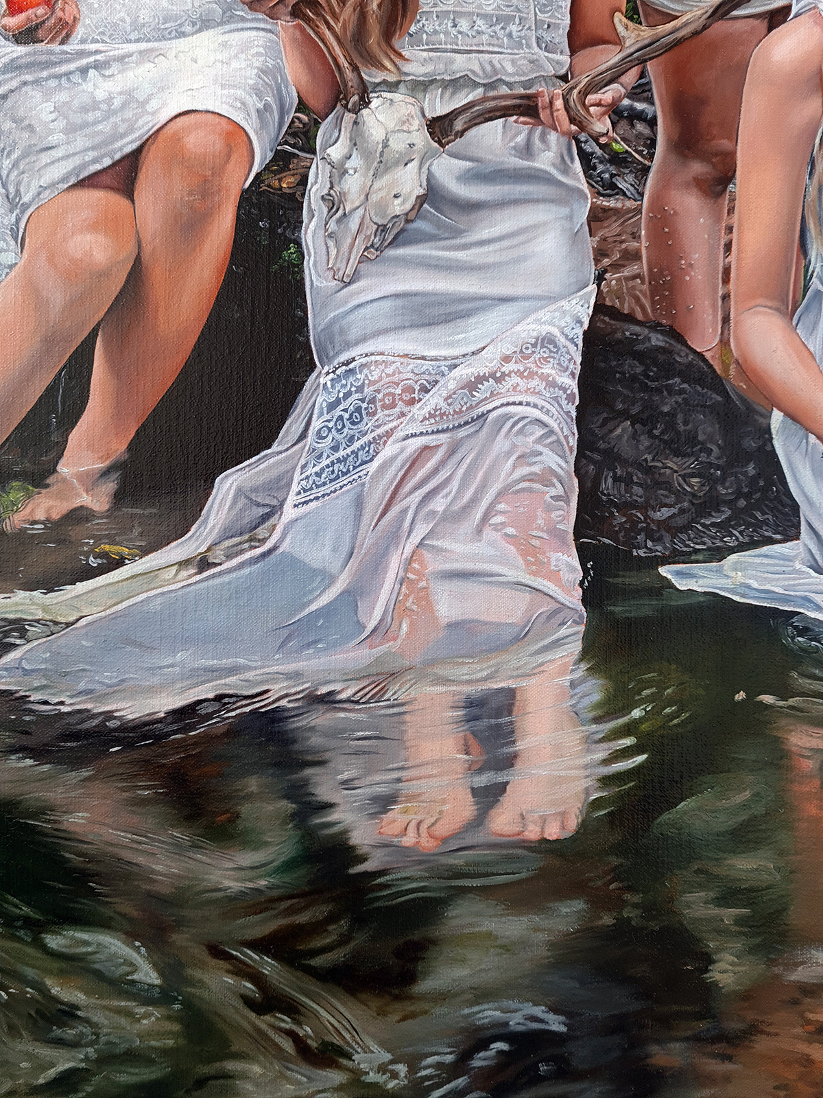 white dress in running water creek woods forest christina ridgeway magical realism art oils