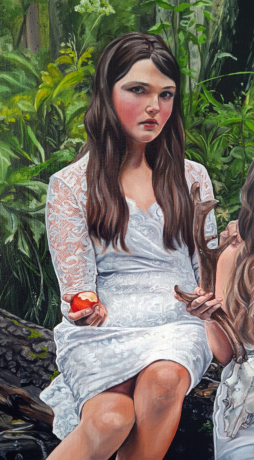girl holding apple log white dress woods forest painting oil christina ridgeway art