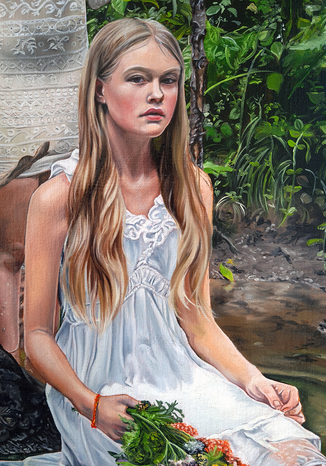 girl holding flowers in water white dress oil painting magical realism christina ridgeway art