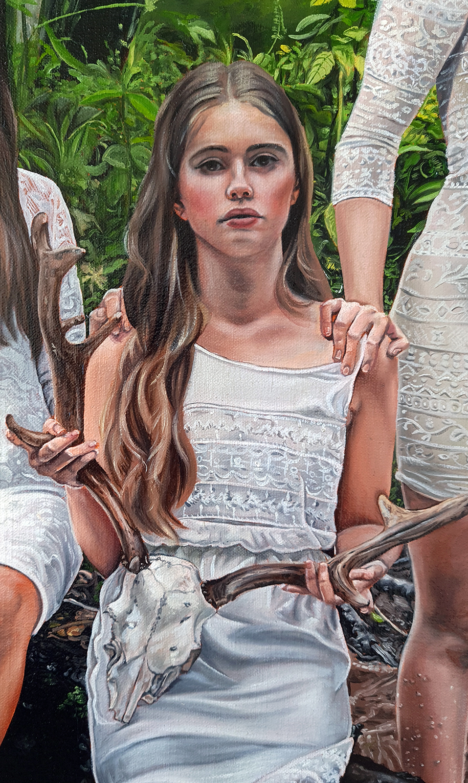 girl holding deer skull fallow white dress forest woods magical realism christina ridgeway art