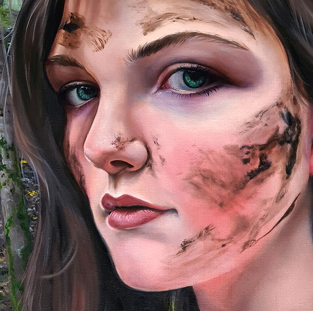 up close portrait oil painting dirt mud green eyes forest woods christina ridgeway art