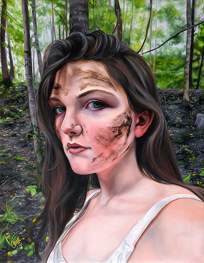 portrait girl mud dirt green eyes forest woods striking brunette nordic viking magical realism christina ridgeway art