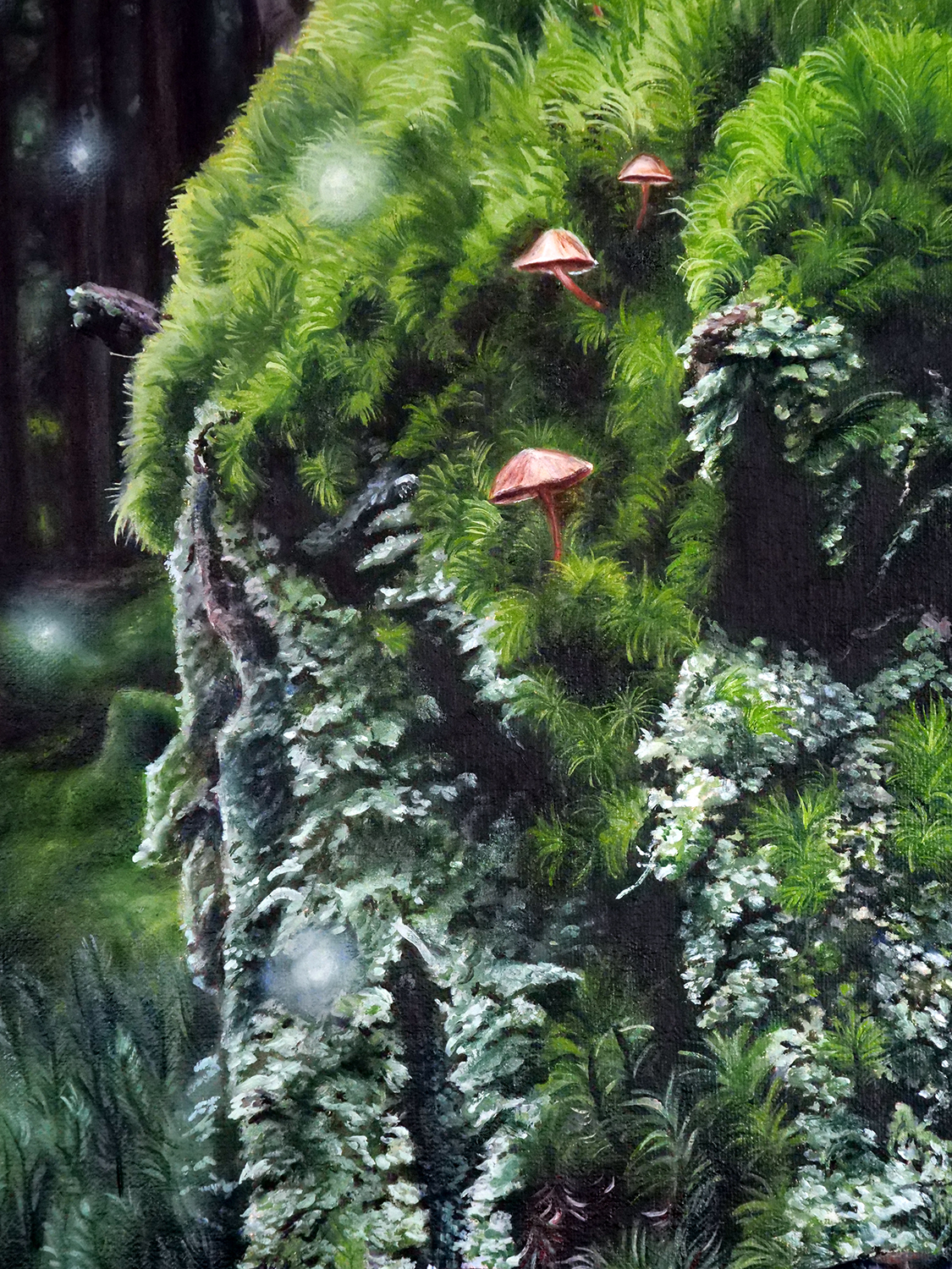 detail of the lichen and tiny mushrooms hidden realms painting