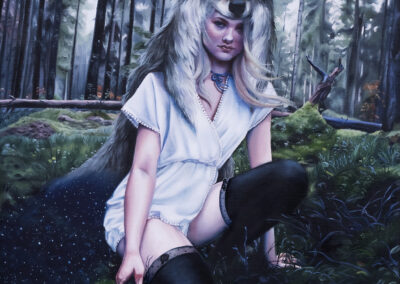 girl with wolf skin star cloak in forest oil painting Absolution by Christina Ridgeway