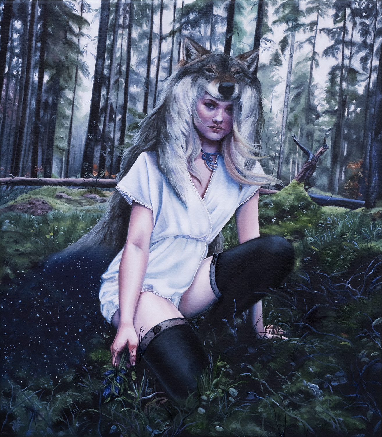 girl with wolf skin star cloak in forest oil painting Absolution by Christina Ridgeway