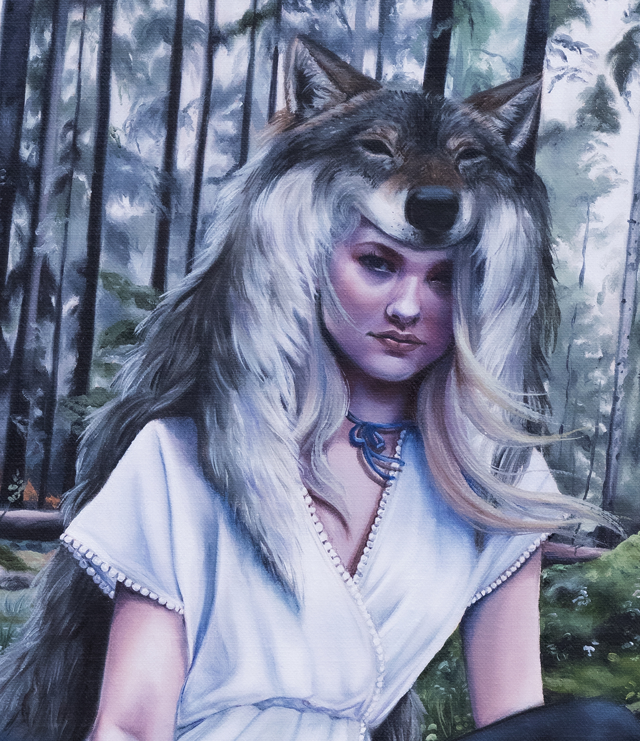 Close up of girl and wolf cloak Absolution oil painting by Christina Ridgeway