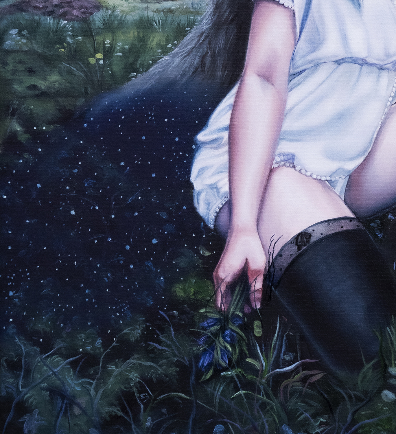 detail of flowers and stars in absolution oil painting by christina ridgeway