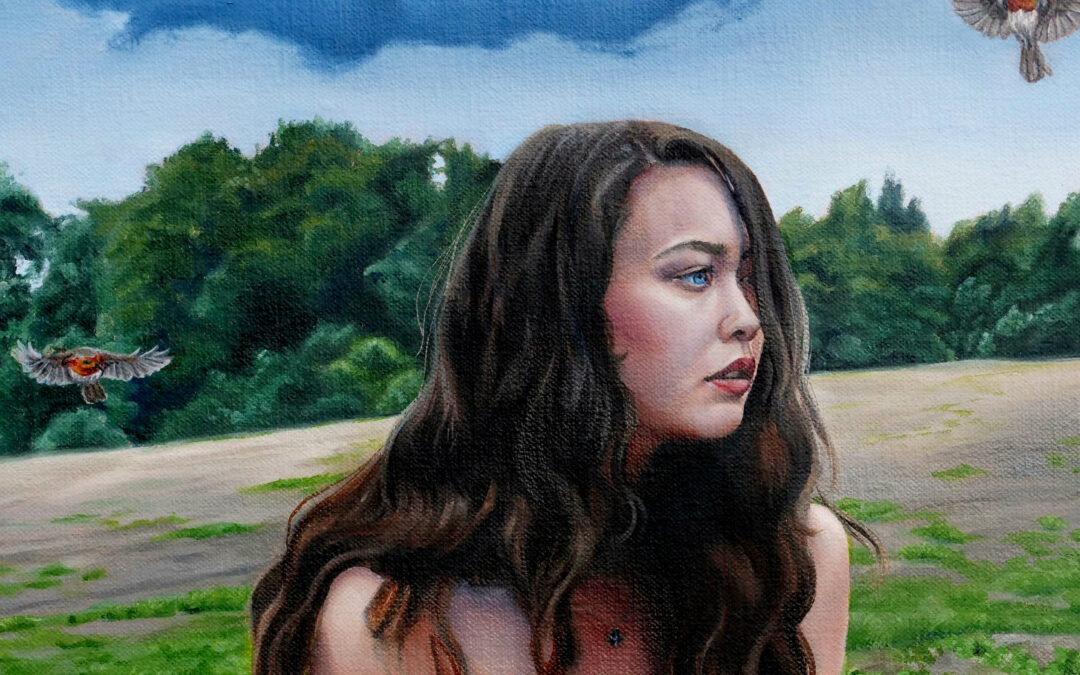 Oil painting portrait of a brunette girl with fields and trees behind her and robins flying around her head.