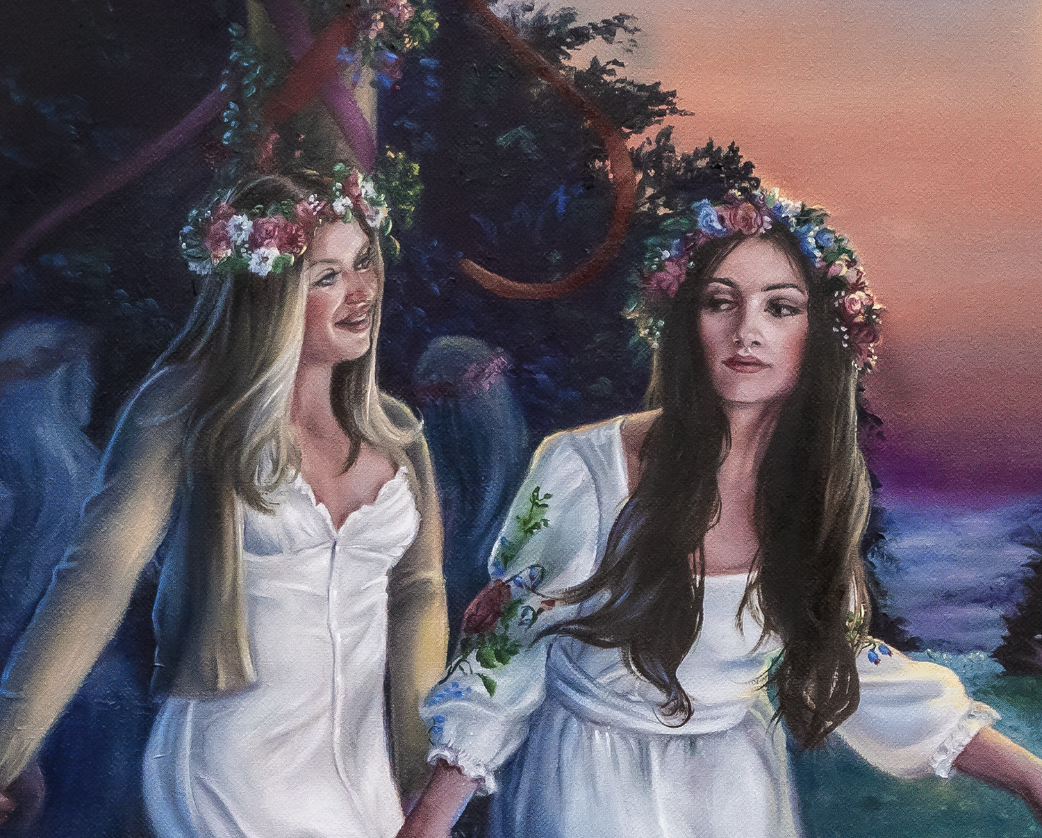 midnight sun_close up girls_christina ridgeway close of a painting of two girls with flower crowns by the maypole